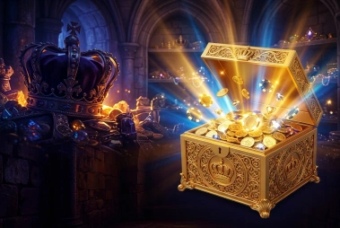 Golden gift box bursting with coins and chips