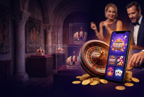 Roulette wheel and gold coins beside a phone showing a casino lobby