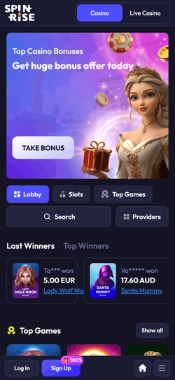 Spinrise casino homepage on a phone